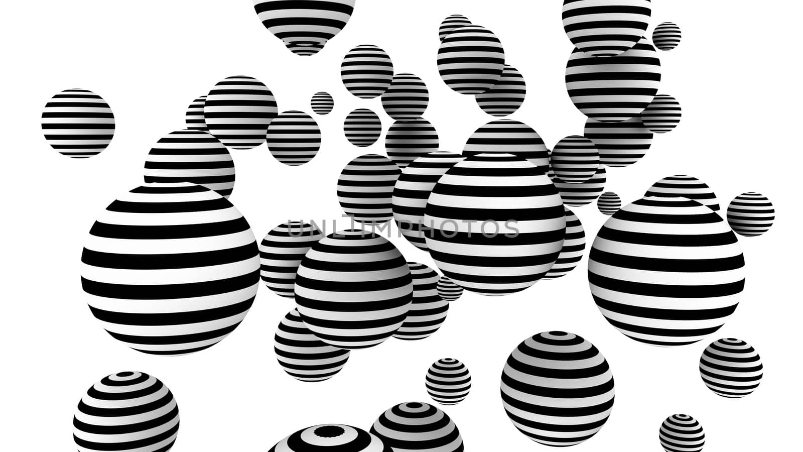 Optical 3d illustration of many black and white spheres soaring in the white background. They look festive, optimistic and beautiful.