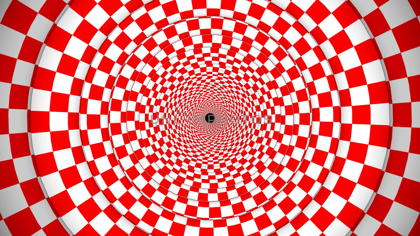 Wonderful 3d illusion of red and white optical illusion squares forming a straight tube looking portal. It creates optimistic, psychedelic and funny mood.