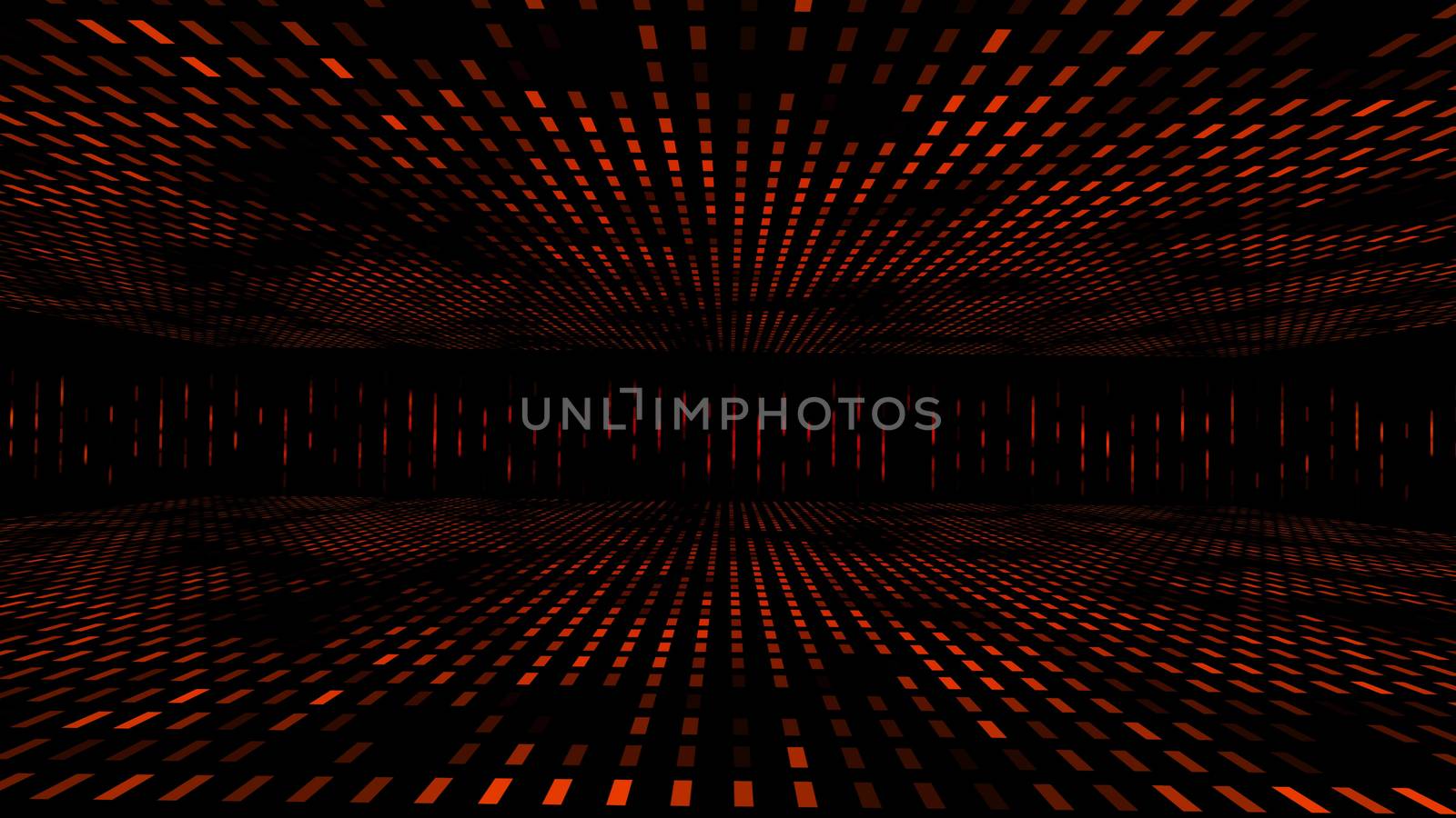 Arty 3d rendering of a hypnotic dotted black and red cubic tunnel having infinity perspective. It impresses with the graphic exactness of its lines.