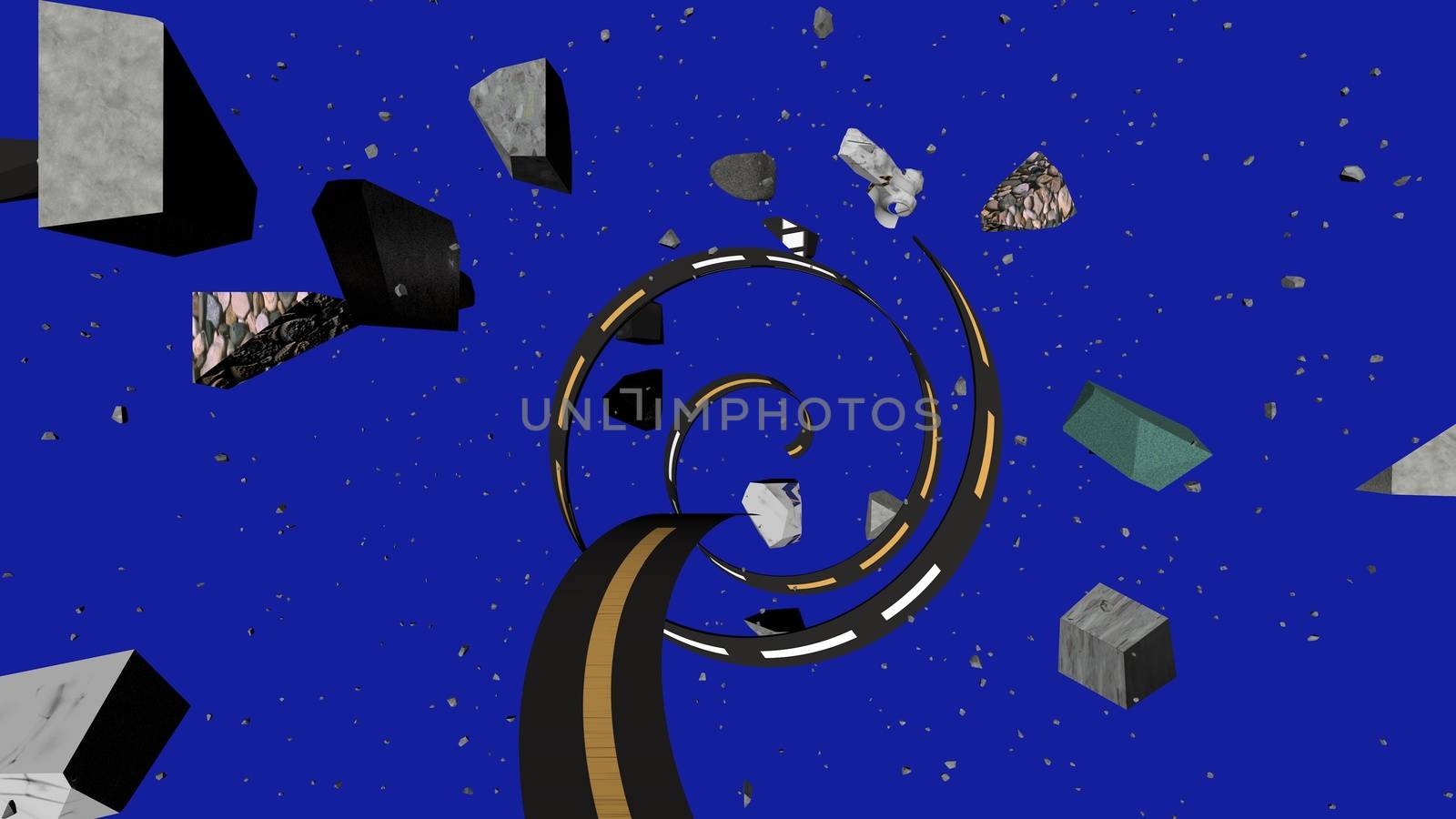 Dynamic 3d illustration of a curvy dark stripe spiraling among grey stones rushing like asteroids in dark blue universe with sparkling stars. It looks arty.