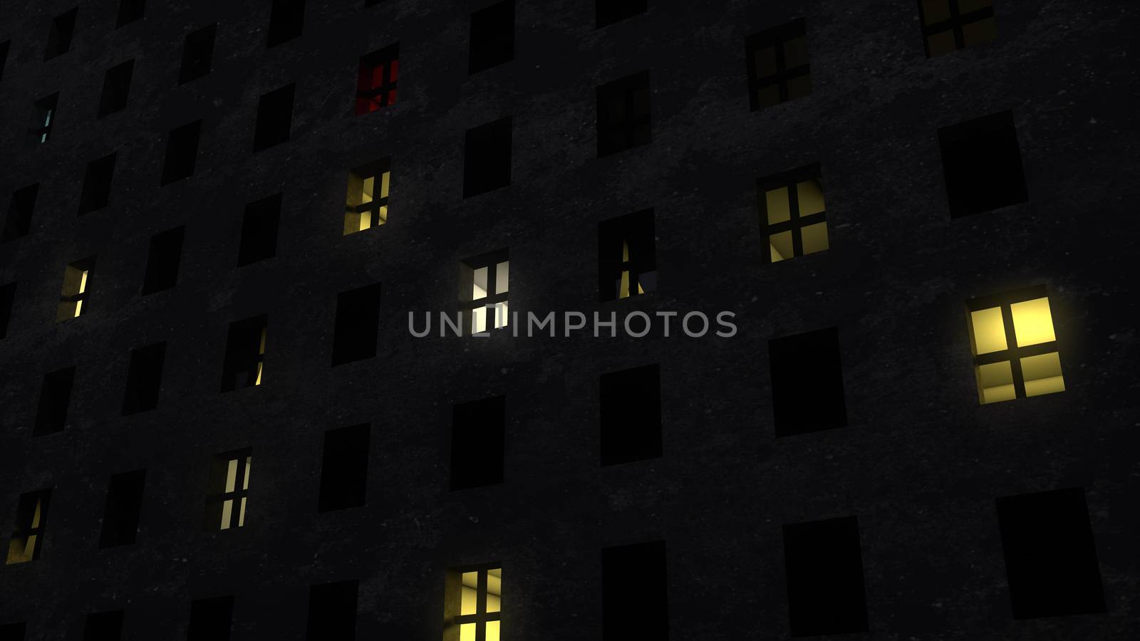 Amazing 3d illustration of a standard red window in a black ghetto multistory block surrounded with several yellow windows. It is shot askew.