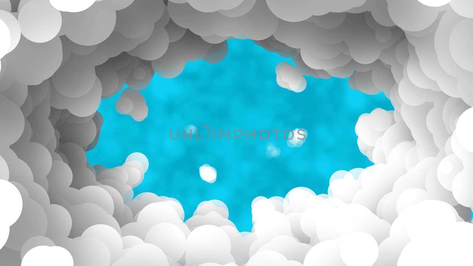 Wonderful 3d rendering of a light blue window in feathery white and grey clouds. It shows that hope exists and looks cheerful, fine and optimistic.
