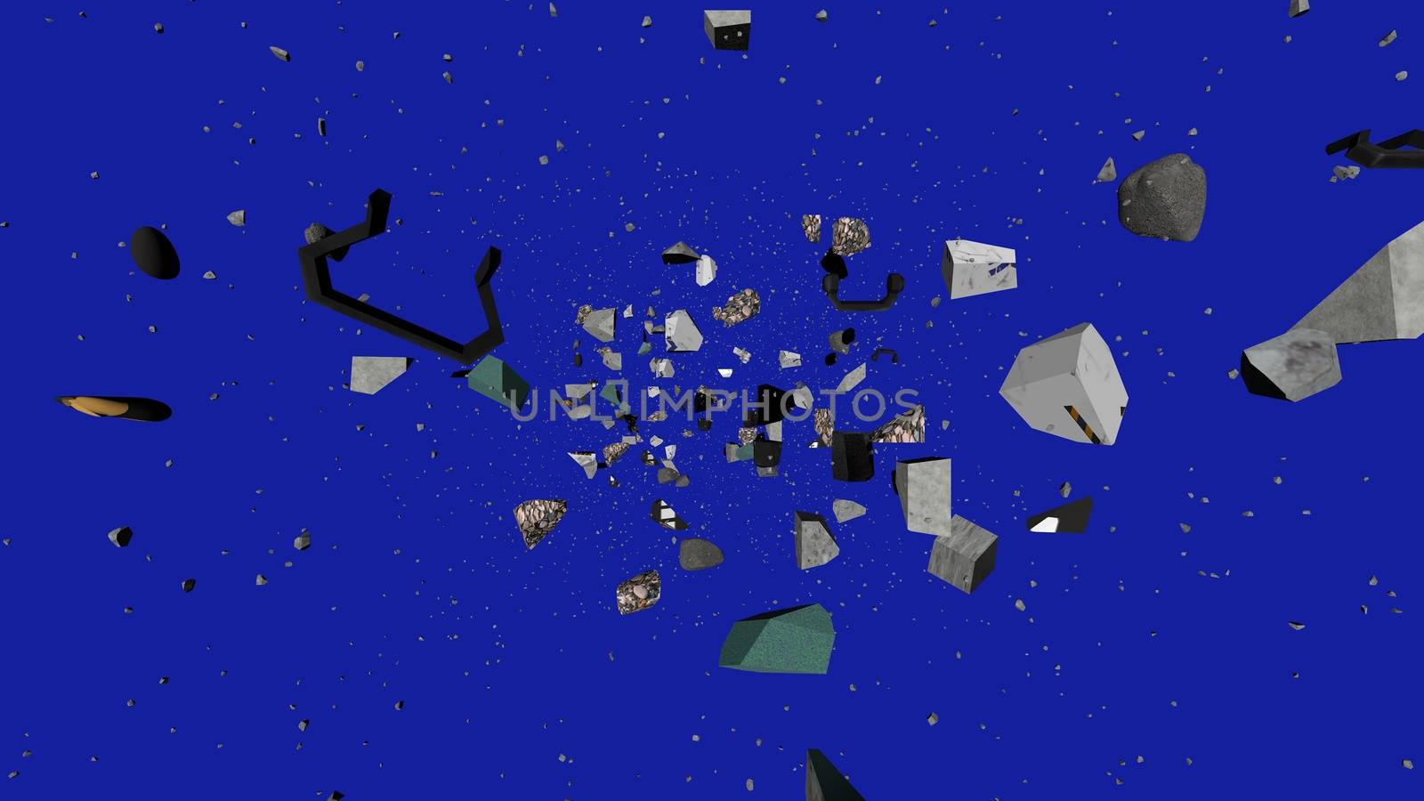 Striking 3d illustration of black and grey pebbles and wreckage tumbling towards shining stars in the dark blue universe. It looks inspiring and pioneering.