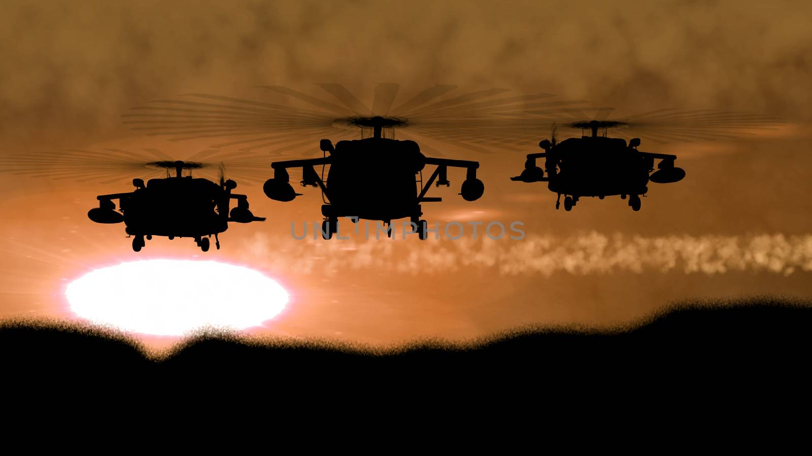 Rampant 3d illustration of Apache helicopter silhouette full of armament soaring at shining brown and orange sunset. It looks fearsome and fine.