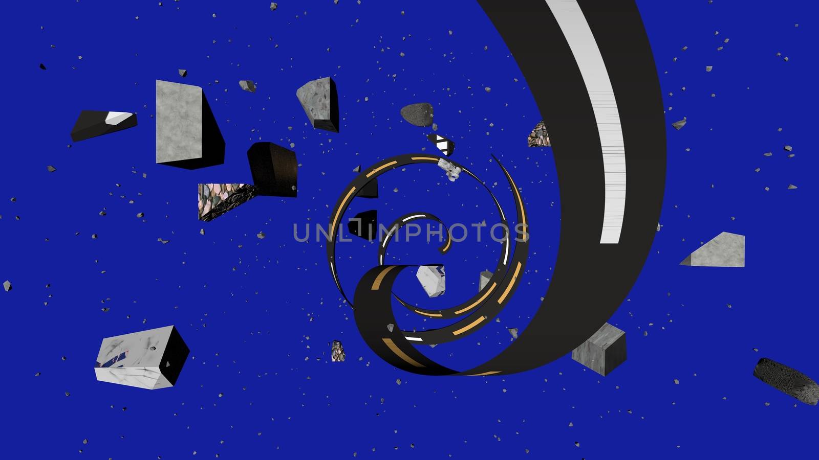 Hypnotic 3d illustration of a black and white stripe spiraling among grey stones soaring in dark blue universe with tiny stars. It looks fine and cheery.