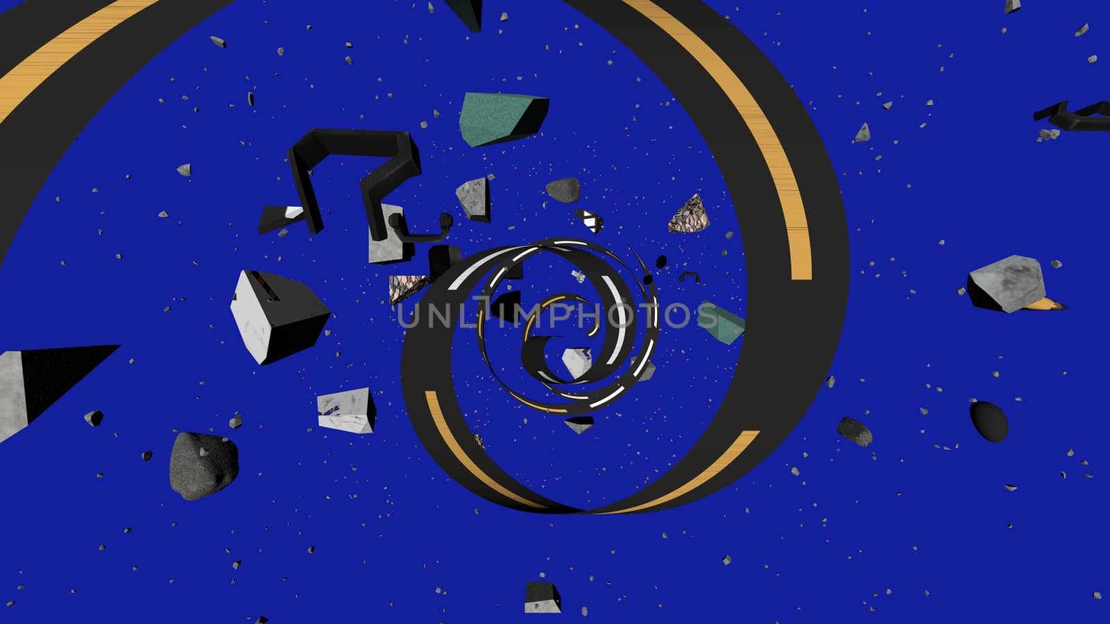 Original 3d illustration of a black and yellow stripe spiraling among stones flying in dark blue universe. It looks impressive, artistic and unusual.