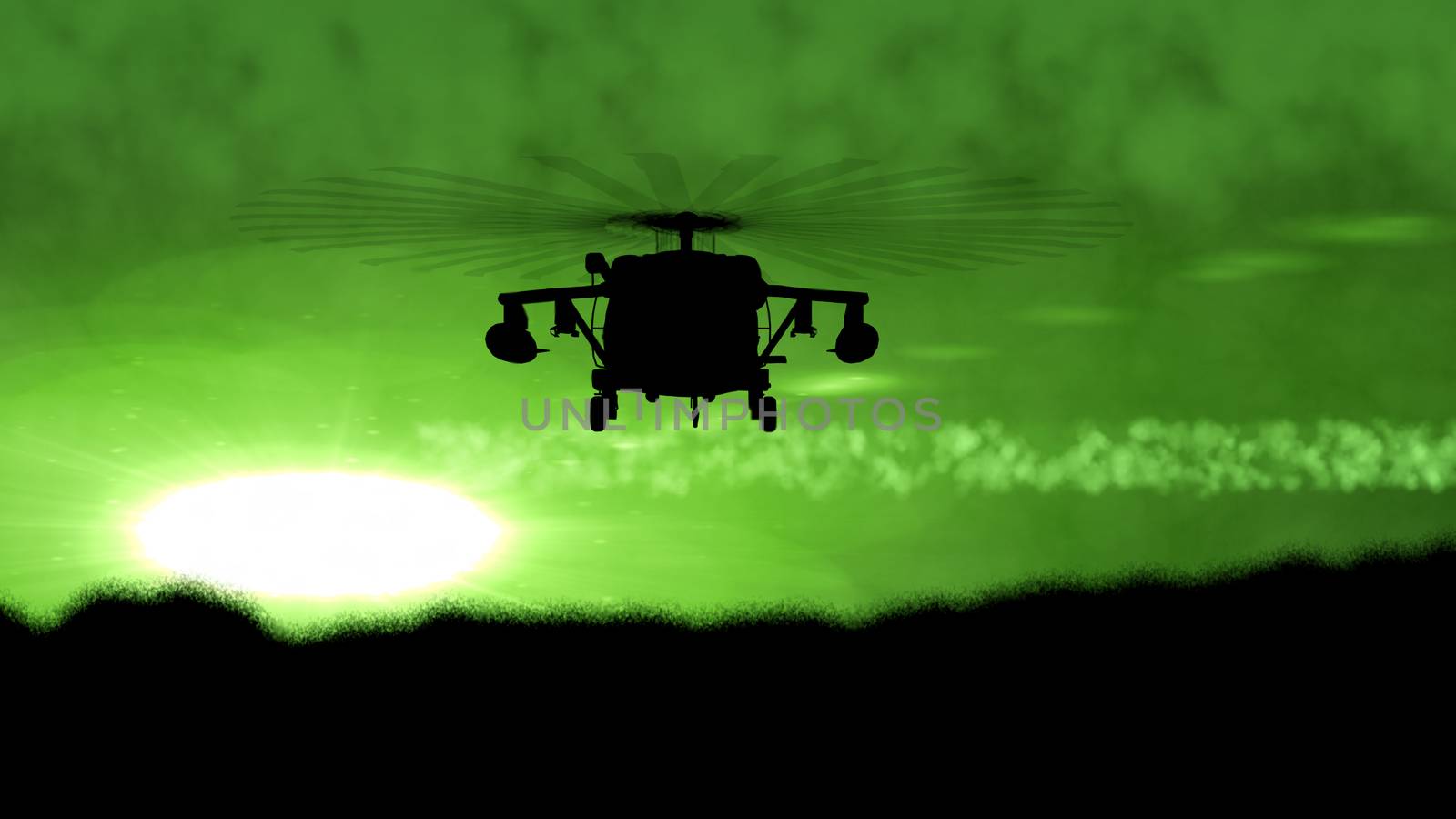 Apache helicopter silhouette at green sunset by klss