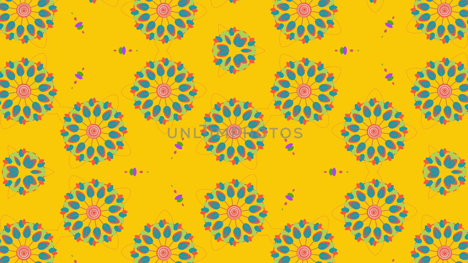 Wonderful 3d rendering of red and blue tulips shaping symmetric and round bunches in the yellow background. They create the mood of fest.