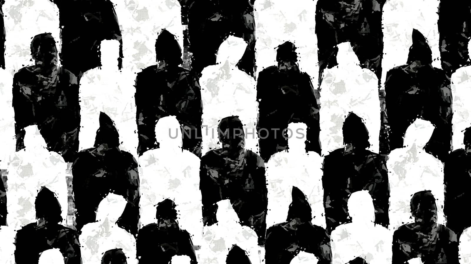 Impressive 3d rendering of a wall made of standard black and white unisex people dressed in raincoats and hoods. They look soulless and thought provoking.