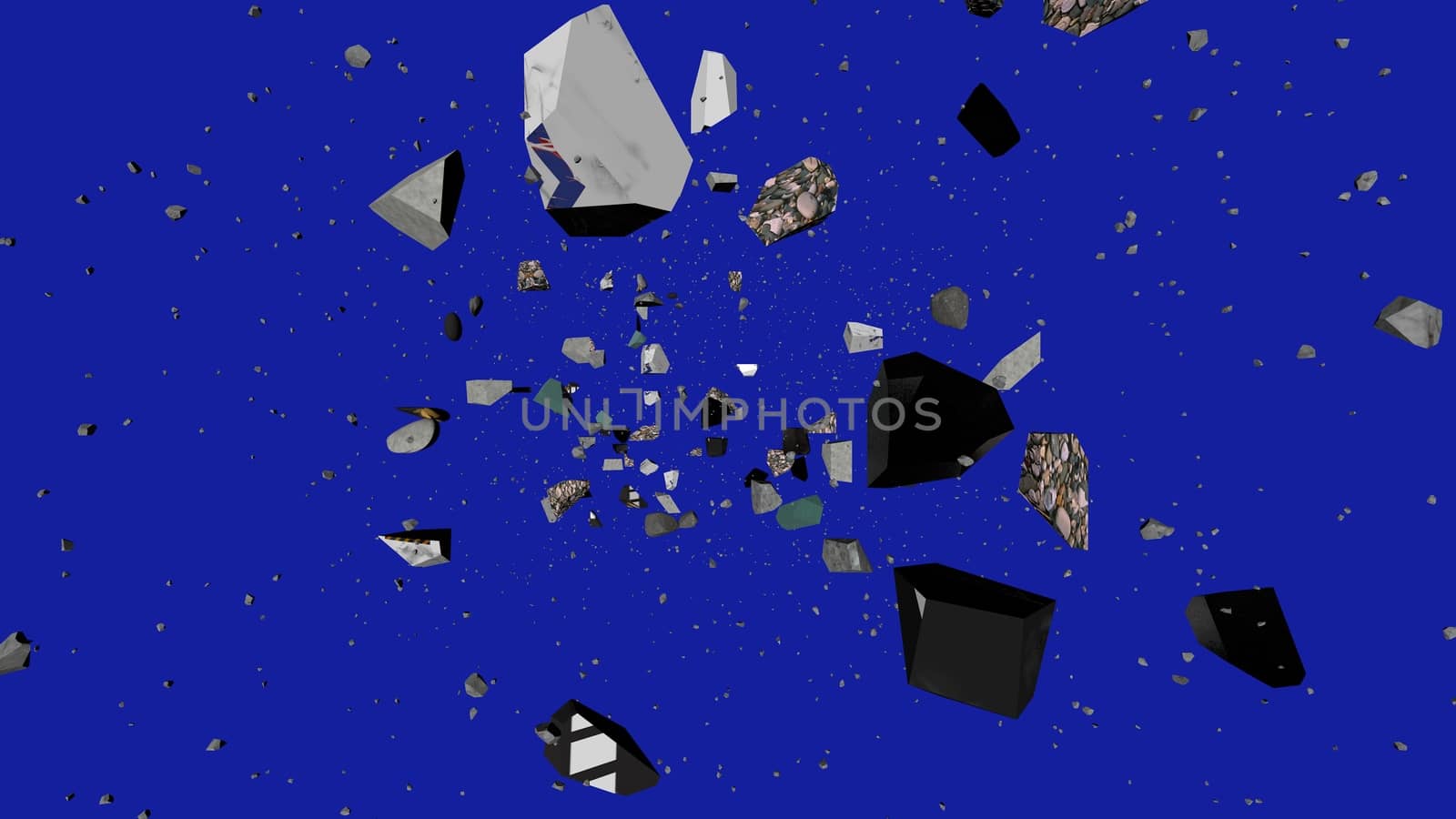 Spellbinding 3d rendering of black and grey asteroid stones circling and flying towards tiny stars in the blue universe. It looks impressive and dramatic.