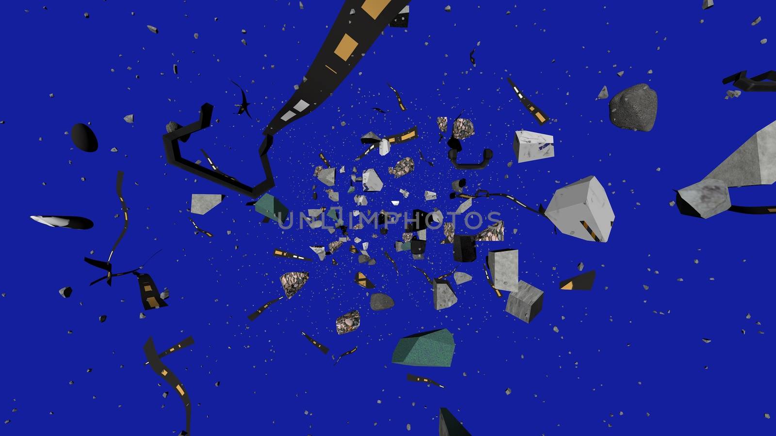 Volumetric 3d illustration of some wreckage from stones and reels with stripes tumbling in the dark blue Universe. It looks dramatic and striking