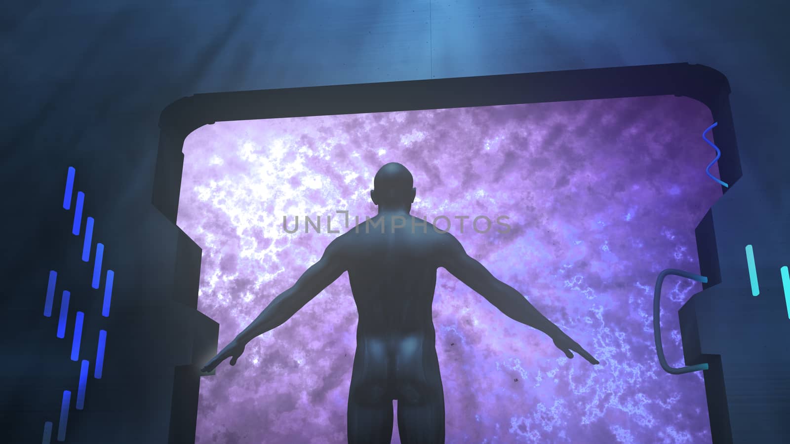 Sci-fi 3d illustration of a future astronaut standind and stretching hands aside at 45 degrees. He looks at plasma space through large square illuminator