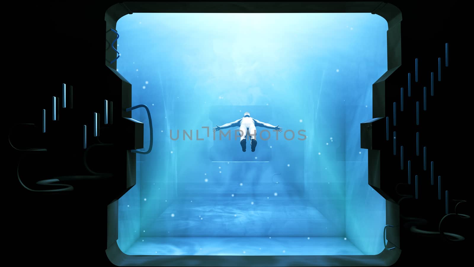 Sci-fi 3d illustration of a flying spaceman soaring in the optimistic new born world with sun rays, blue sky and shining stars, seen through a square porthole.