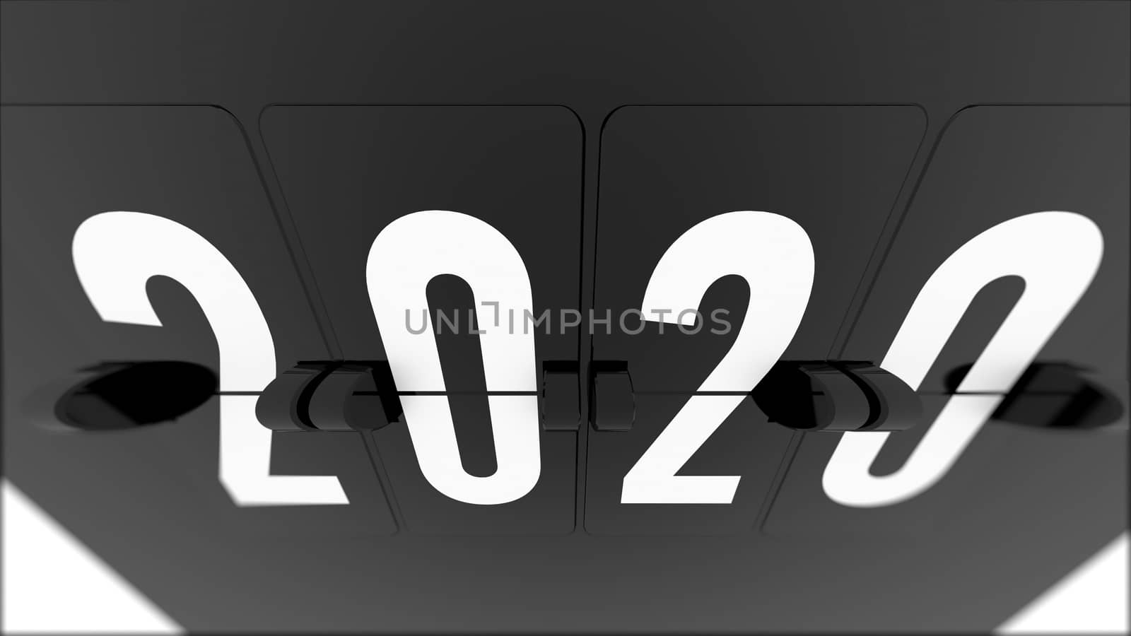 Artistic up down 3d illustration of a black timeflip chart with numbers 2020 put aslant in the white background. It looks classy and cutting edge.