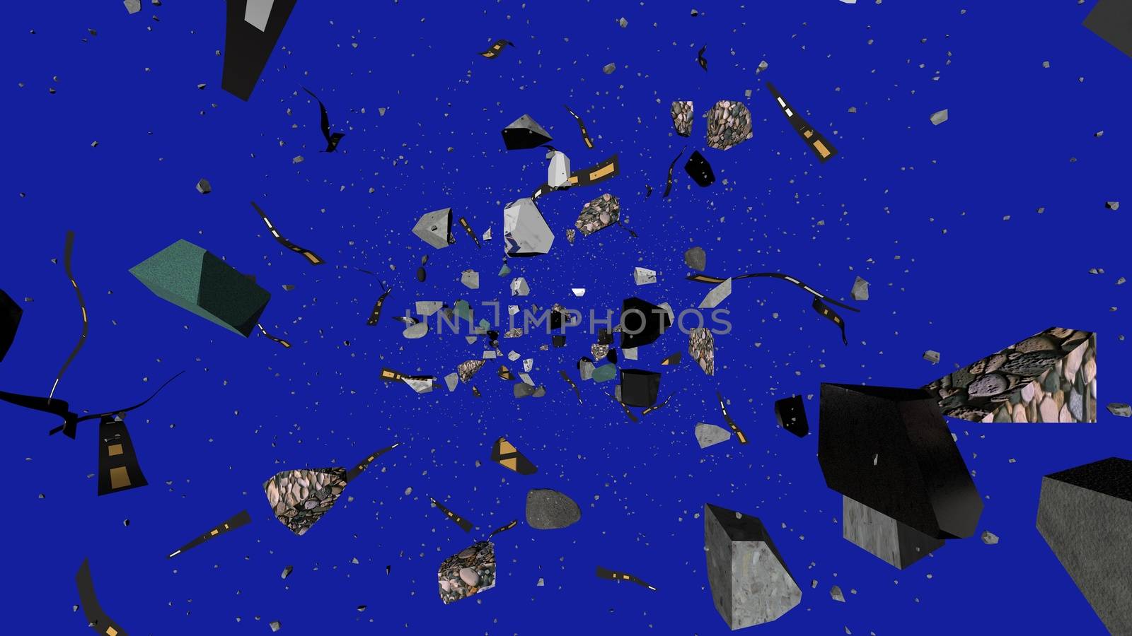 Stunning 3d illustration of black and grey stones and wreckage rushing towards sparkling stars in the dark blue universe. It looks impressive.