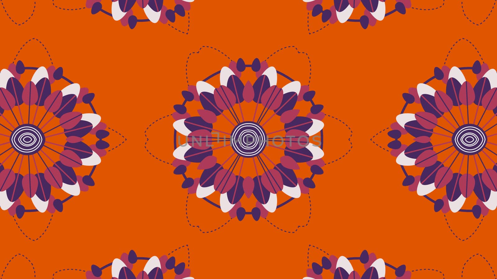 Lovely 3d illustration of white and violet tulips forming three symmetric and round circles in the orange background. They look cheery, fine and arty.