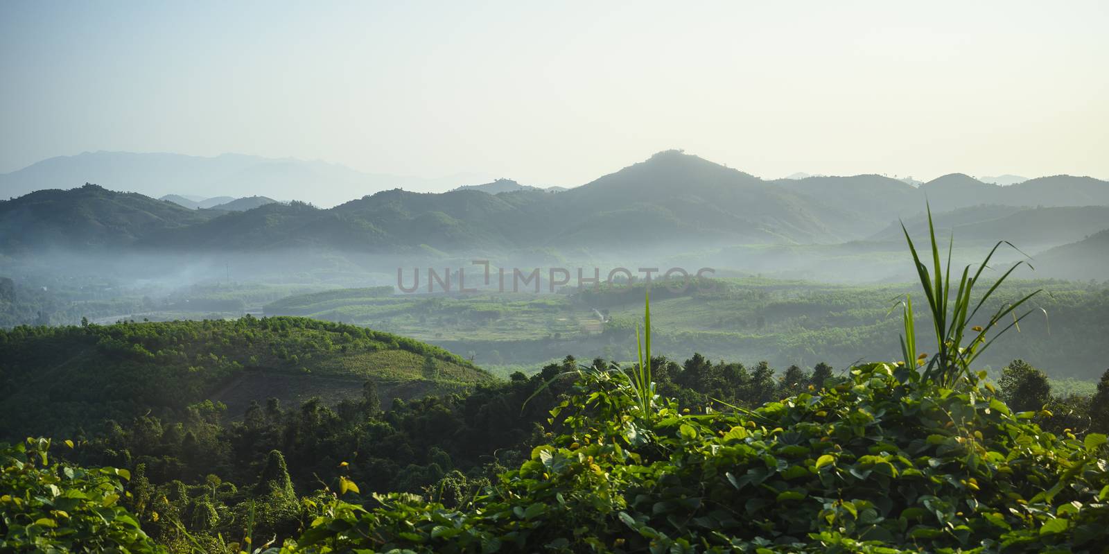 View of mountains and forests in the morning in fog in Vietnam.