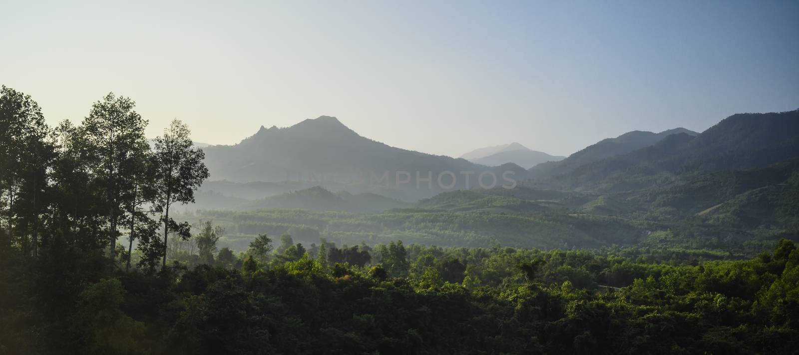 View of mountains and forests in the morning in fog in Vietnam.