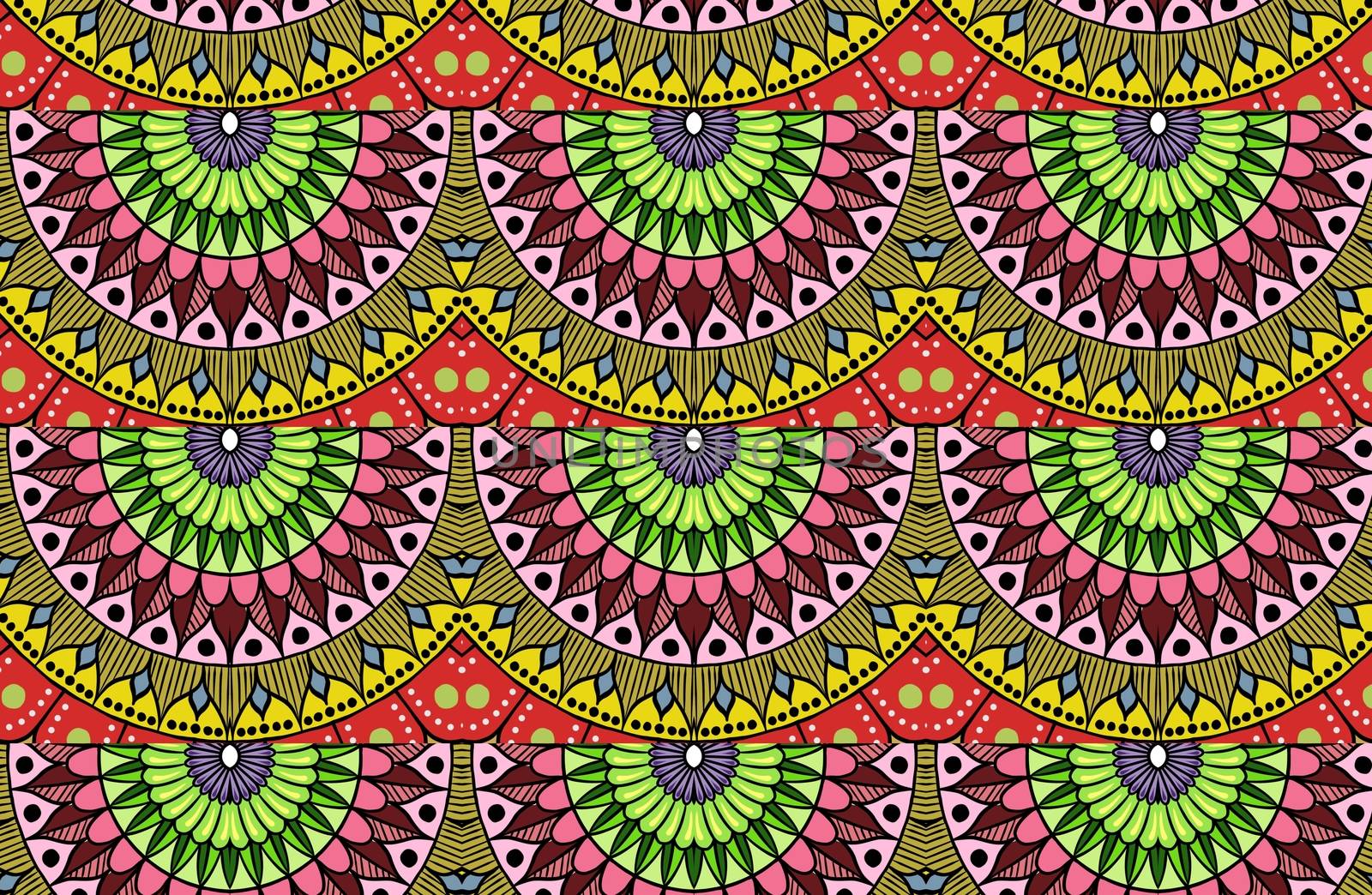 Colorful floral ethnic mandala pattern in patchwork boho chic style in yellow and red colors, in portuguese and moroccan motive