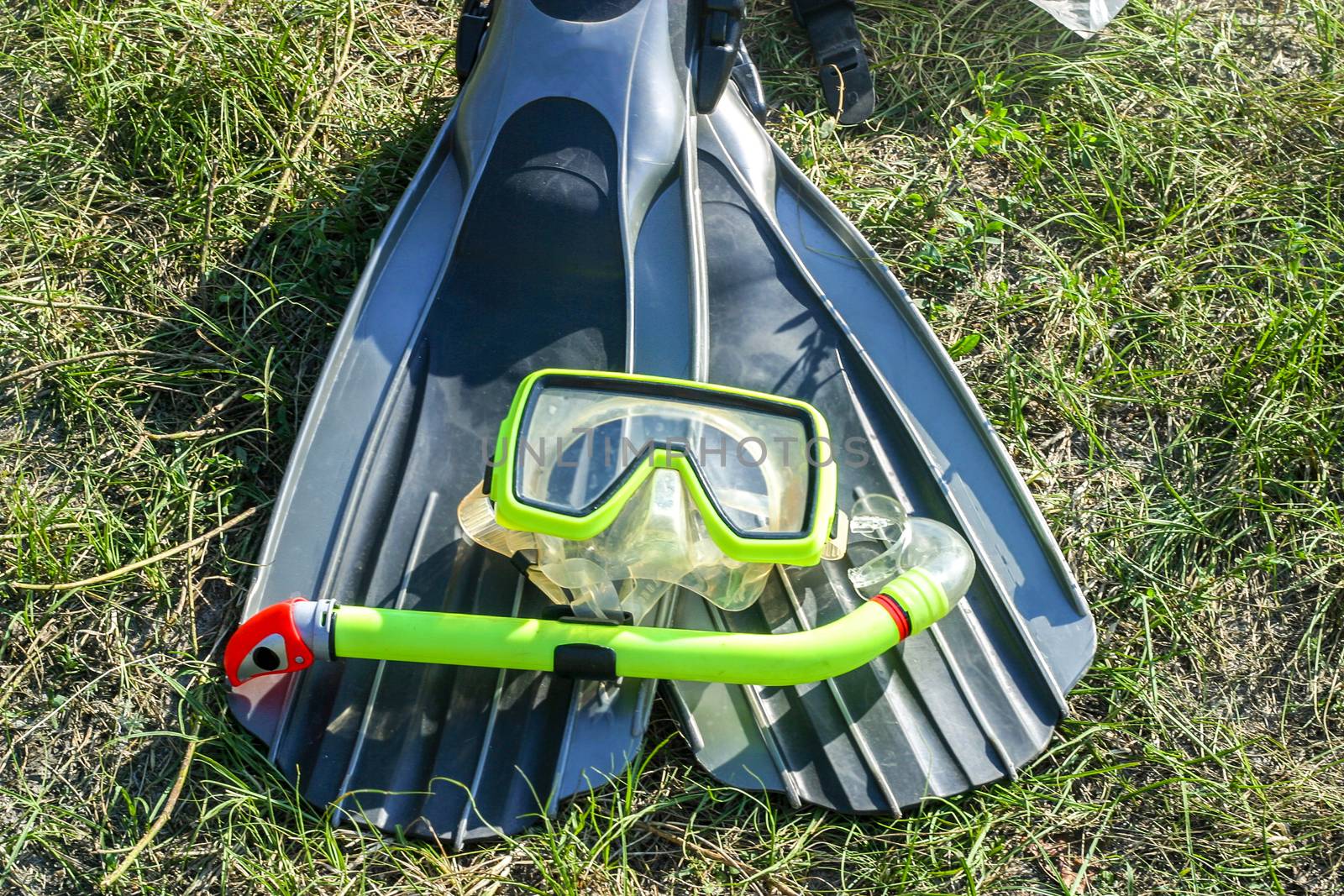 underwater mask, snorkel, and flippers lying on the grass. diver equipment