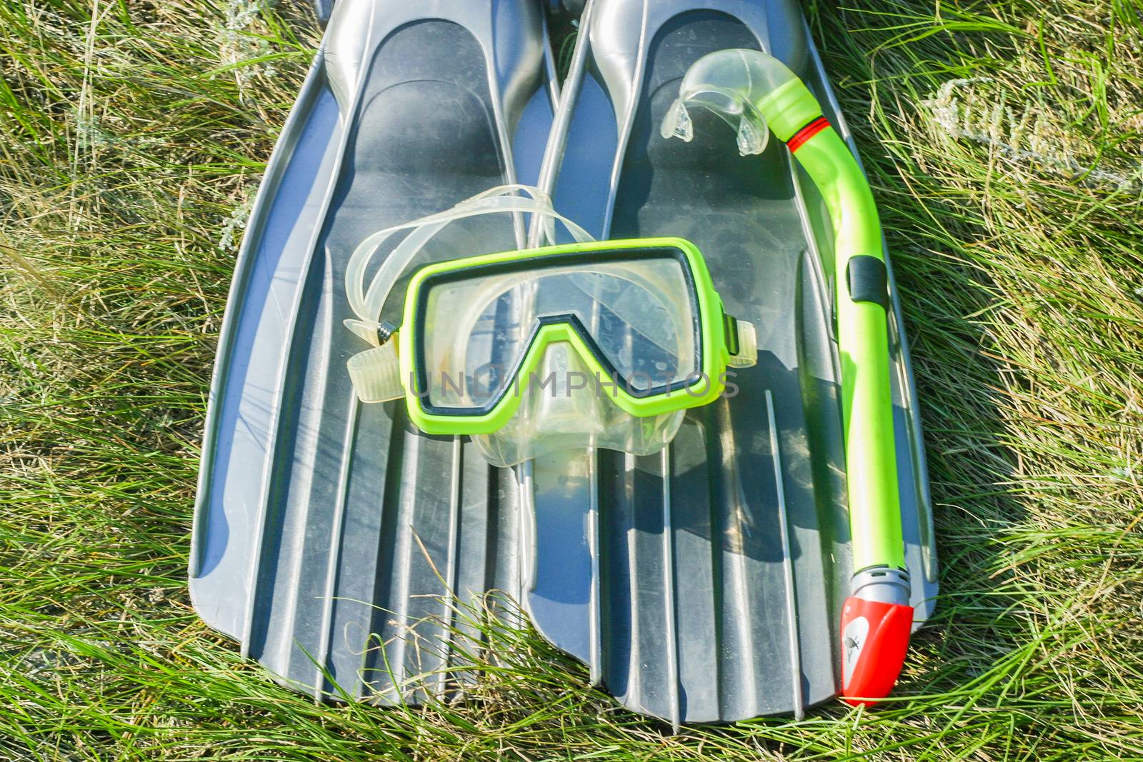 underwater mask, snorkel, and flippers lying on the grass. diver equipment