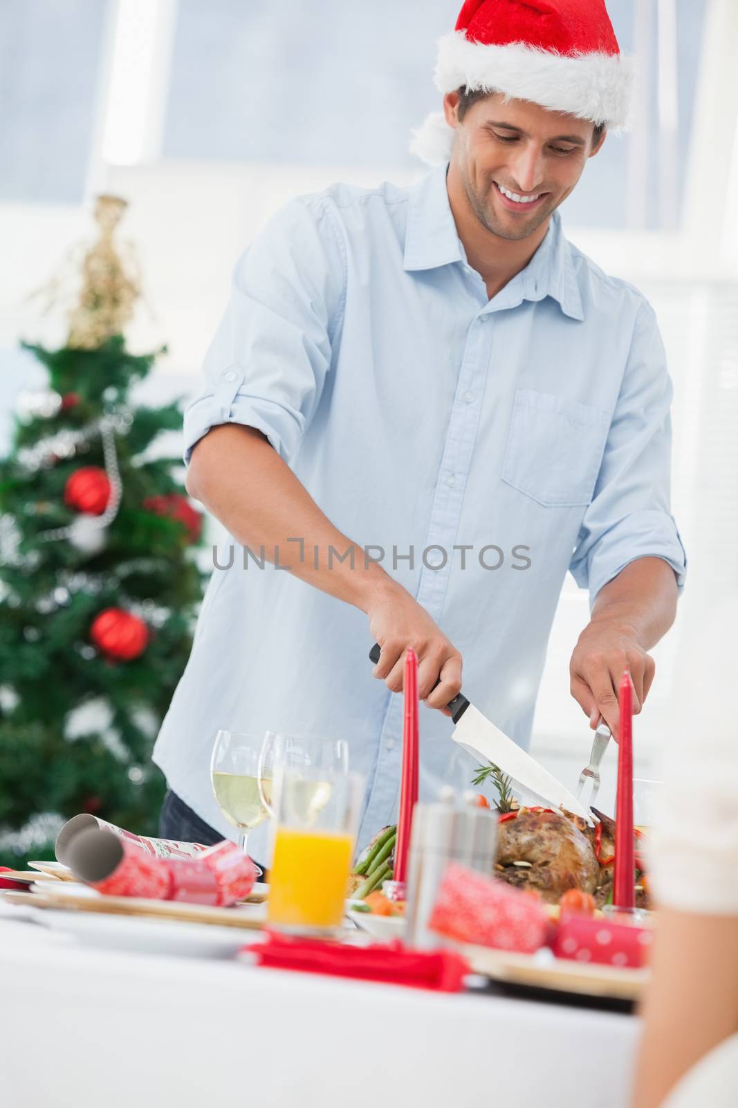 Handsome man wearing a santa hat and carving roast chicken at a christmas dinner