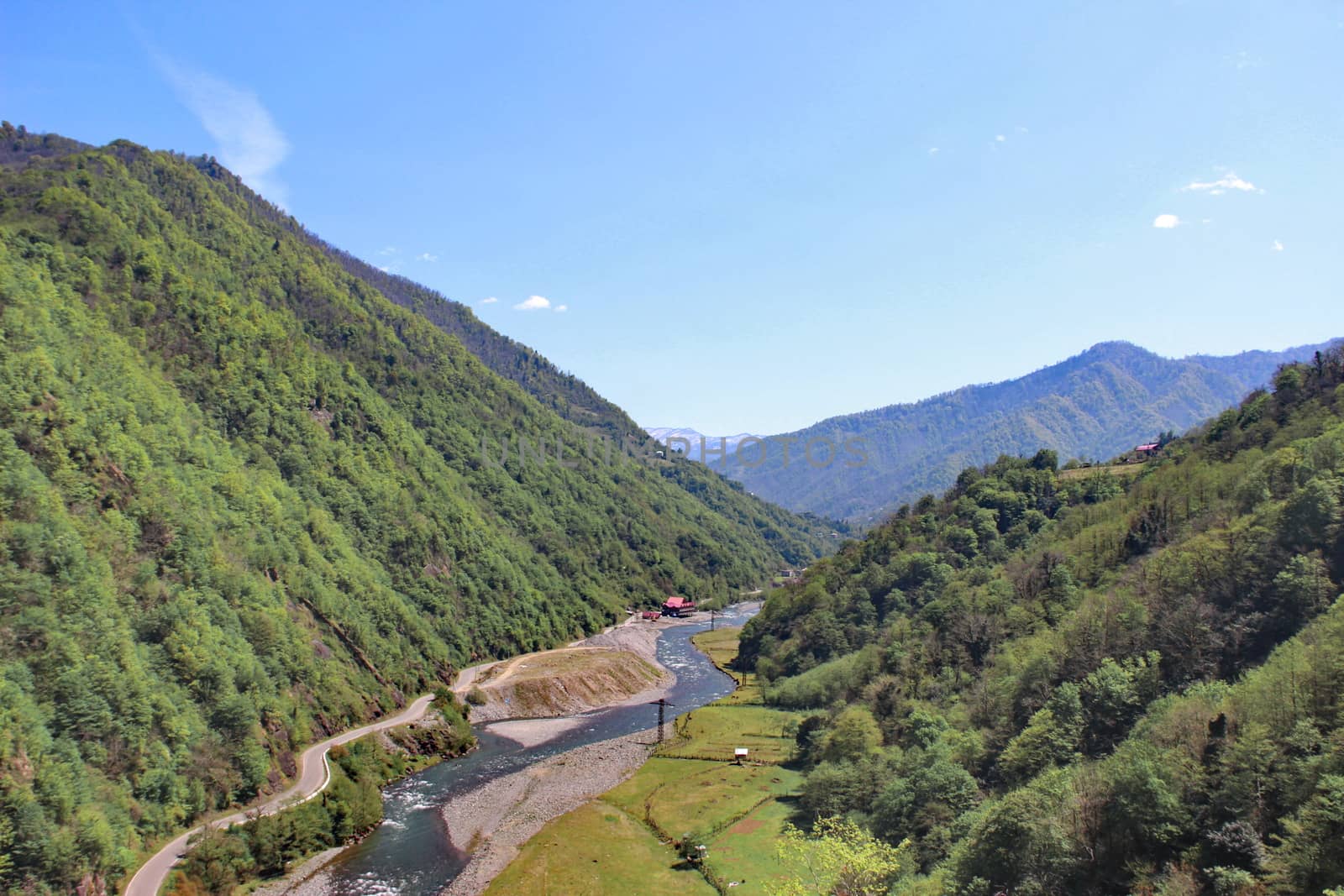 View from Gvara fortress to the river Machakhlistskali, Georgia spring