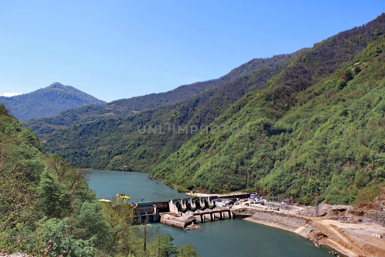 View from Gvara fortress to the river Chorokhi and dam, Georgia spring