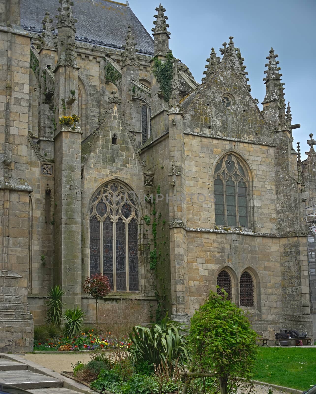 Huge old medieval stone catholic church in Dinan, France