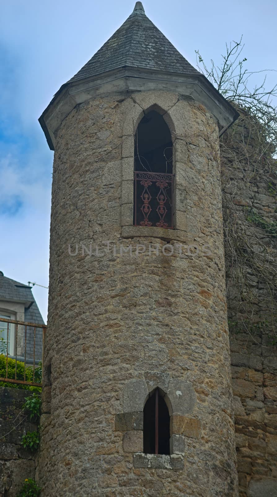 High round stone tower at medieval fortress