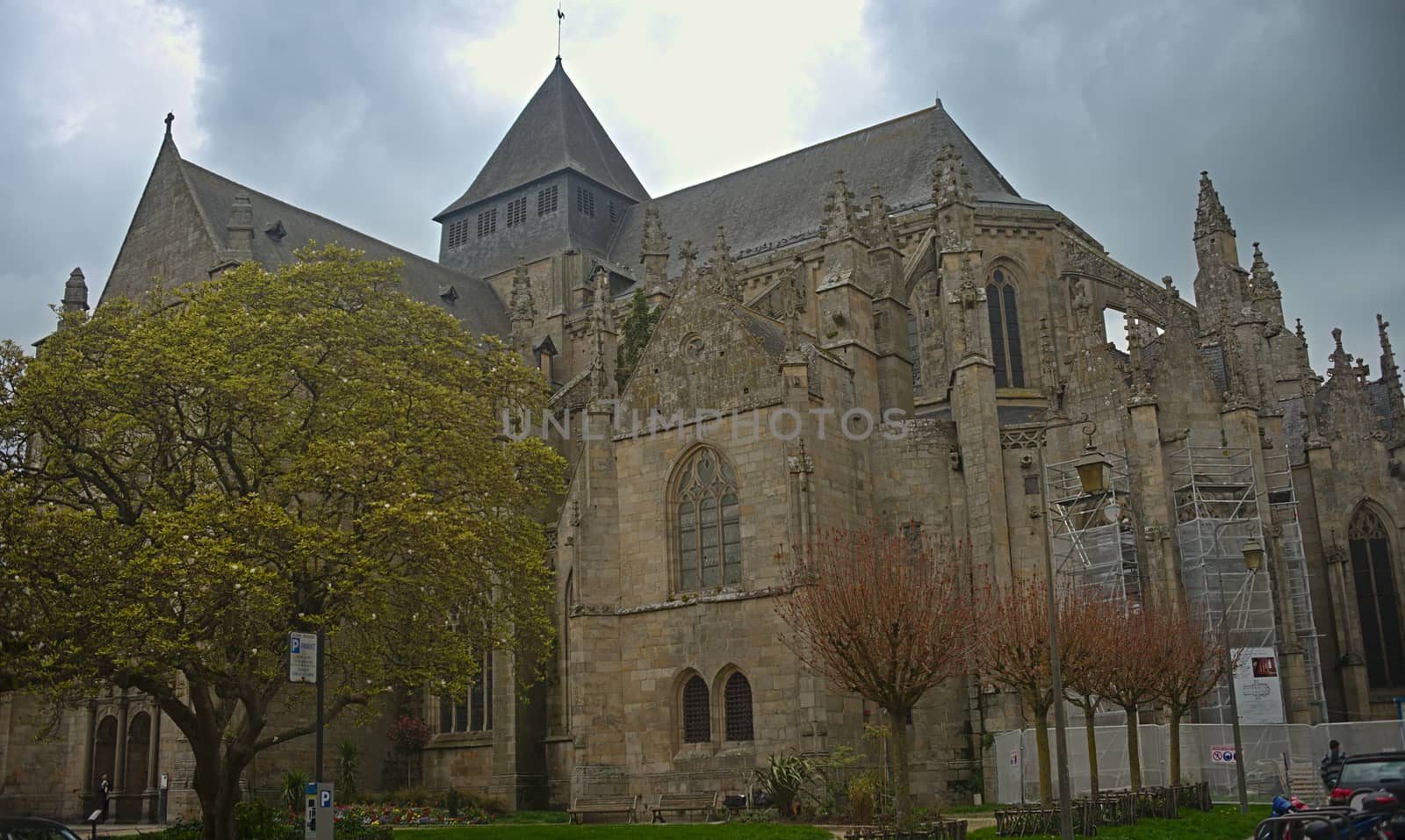 Huge old medieval stone catholic church in Dinan, France