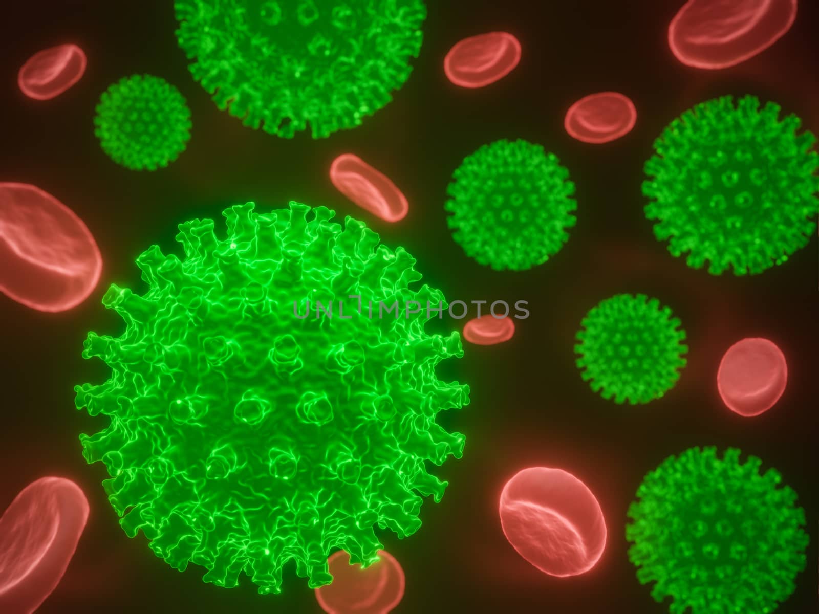 Coronavirus cells in human body. Respiratory virus in microscopic view. illustration of 3D render. Closeup and copy space. Concept of health care.