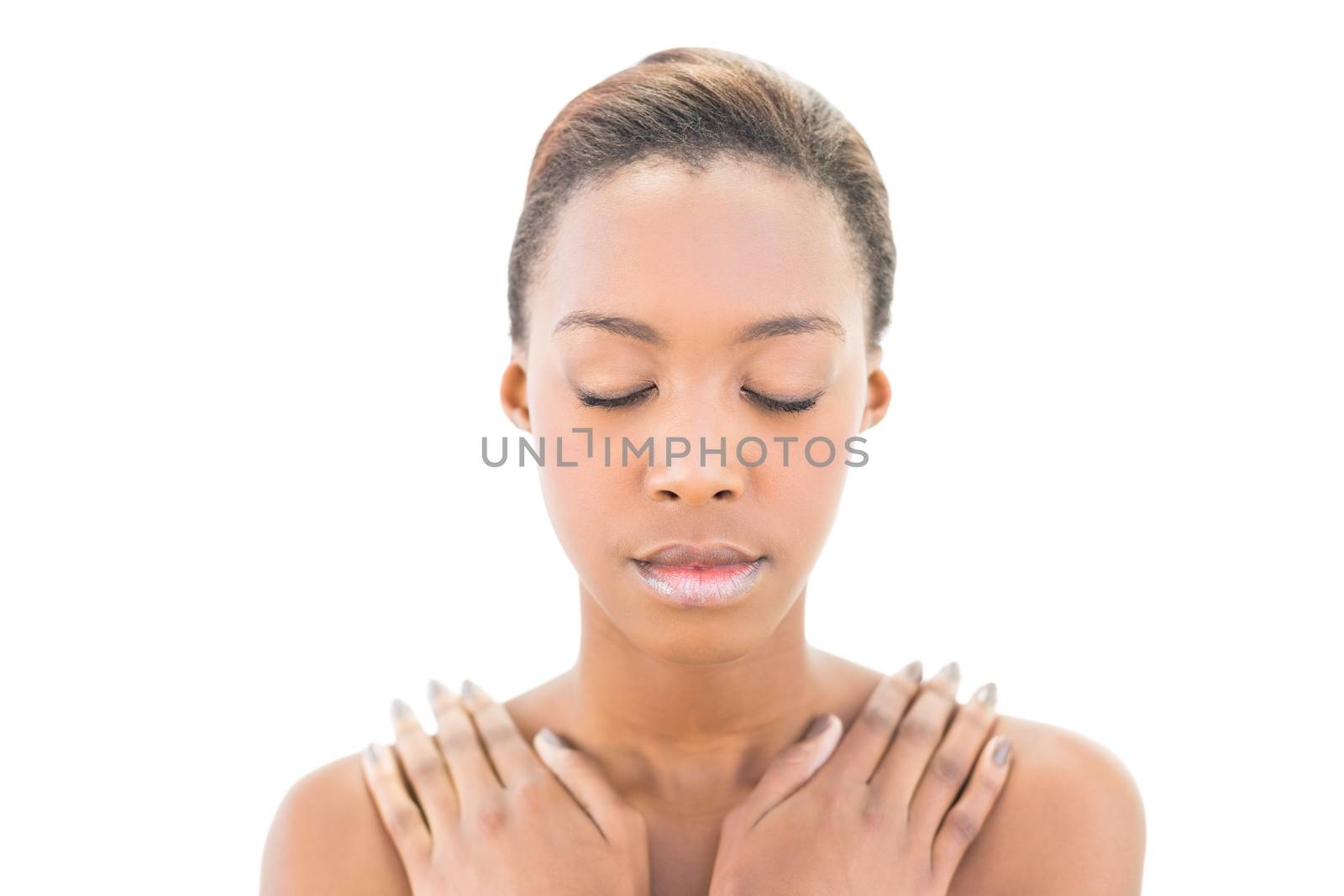 Natural beauty with hands on shoulders on white background