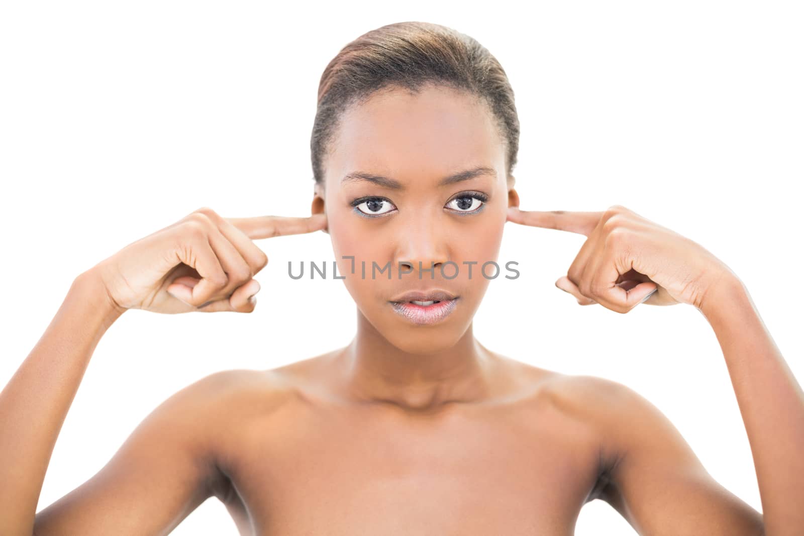 Natural beauty covering her eyes on white background