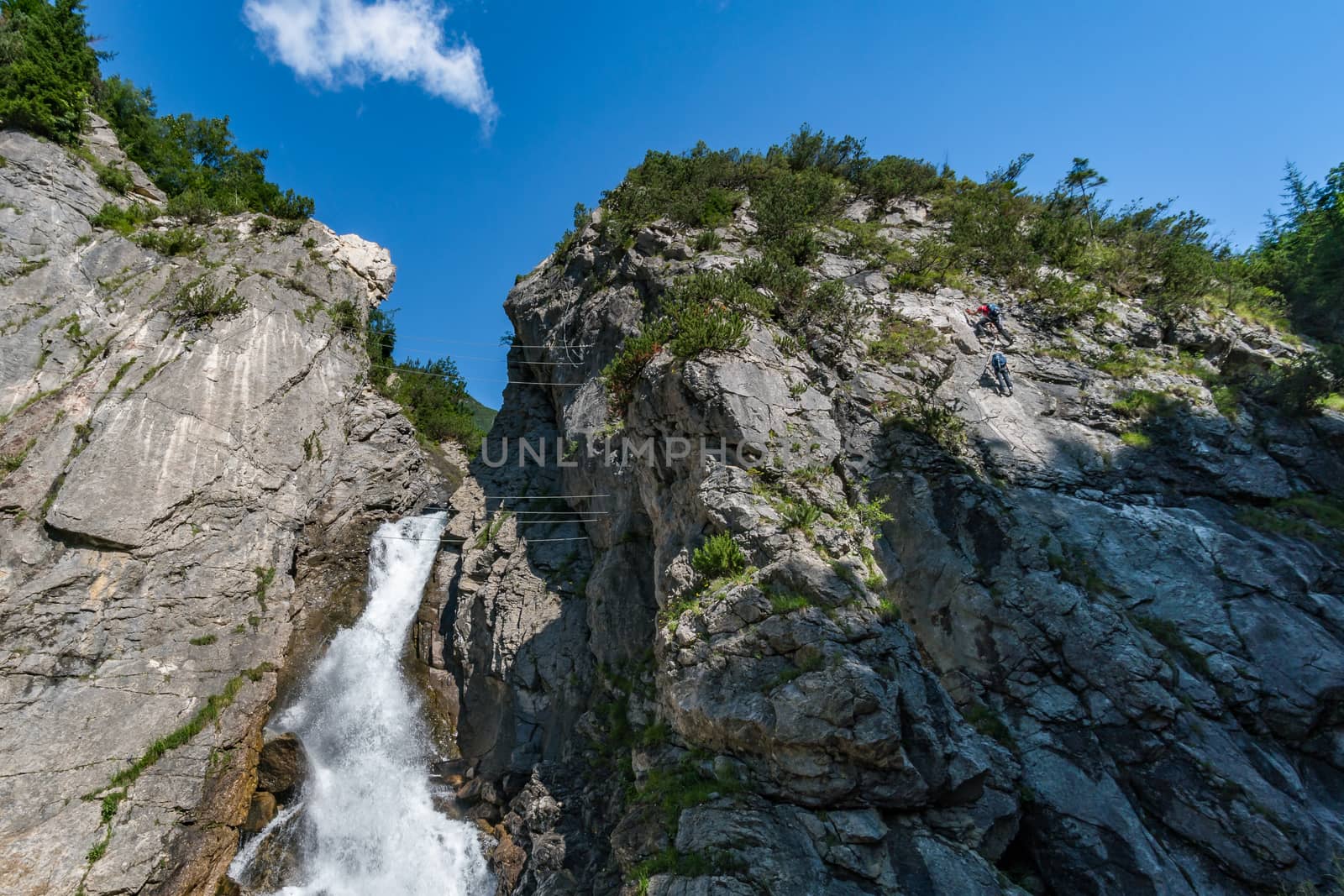 The Simmswasserfall, an adventure via ferrata near Holzgau in Austria along a waterfall