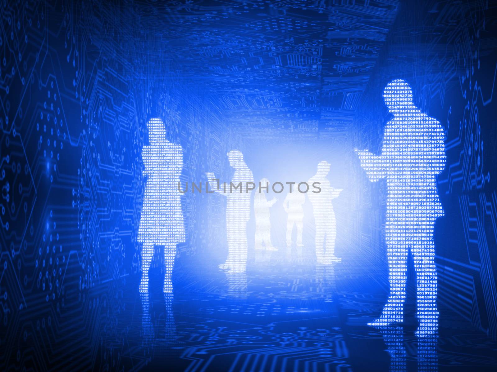 Glowing silhouettes of business people on blue background