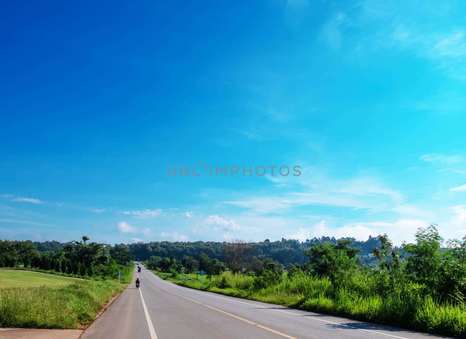 Beautiful summer landscape with country road, Winding road through green fields,blue sky,white clouds