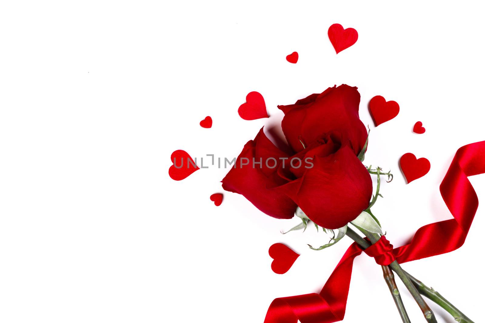 Valentines day hearts and red rose flowers isolated on white background