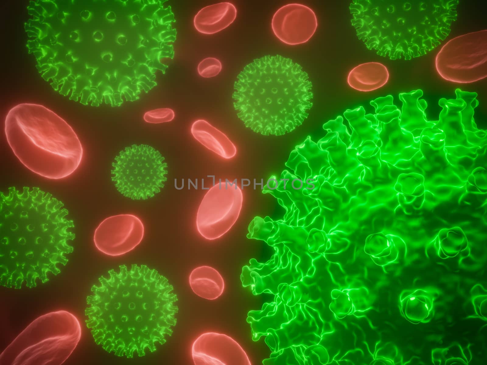 Coronavirus cells in human body. Respiratory virus in microscopic view. illustration of 3D render. Closeup and copy space. Concept of health care.