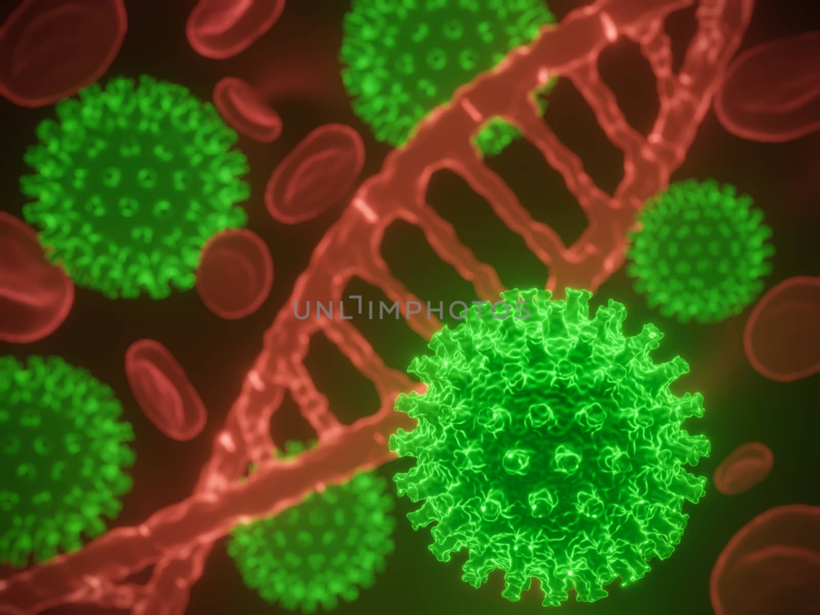 Coronavirus cells in human body. Respiratory virus in microscopic view. illustration of 3D render. Closeup and copy space. Concept of health care.