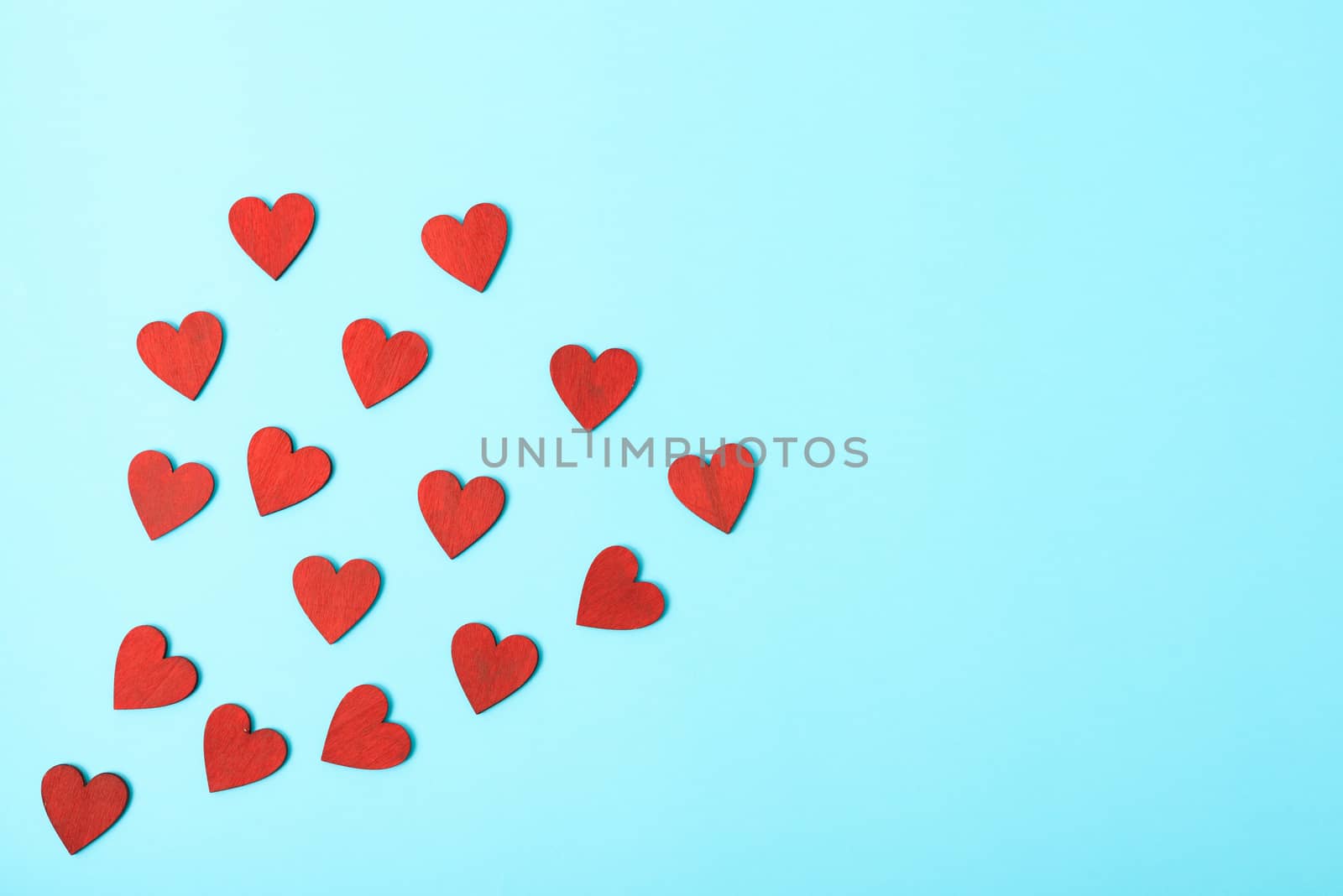 Valentine's Day Concept, Top view Flat lay, red heart on blue background with copy space for your text