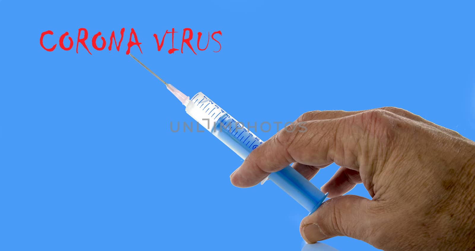 male hand with Coronavirus vaccine with injection syringe isolated on white background