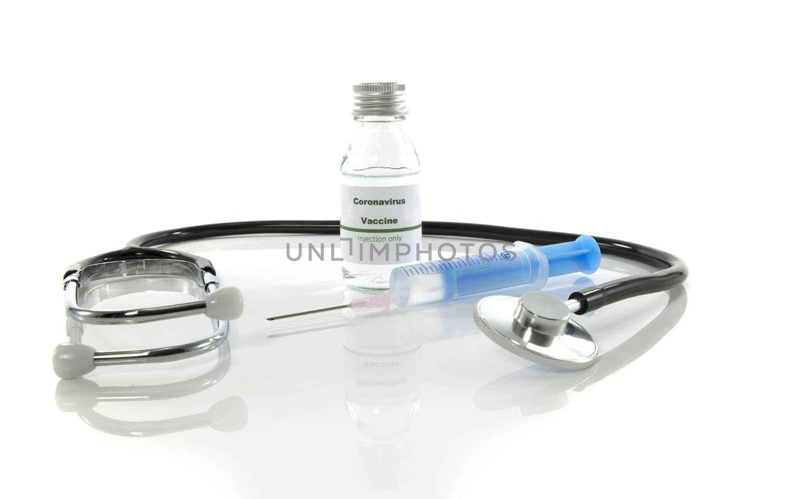 Coronavirus vaccine vial with injection syringe and stethoscope isolated on white background