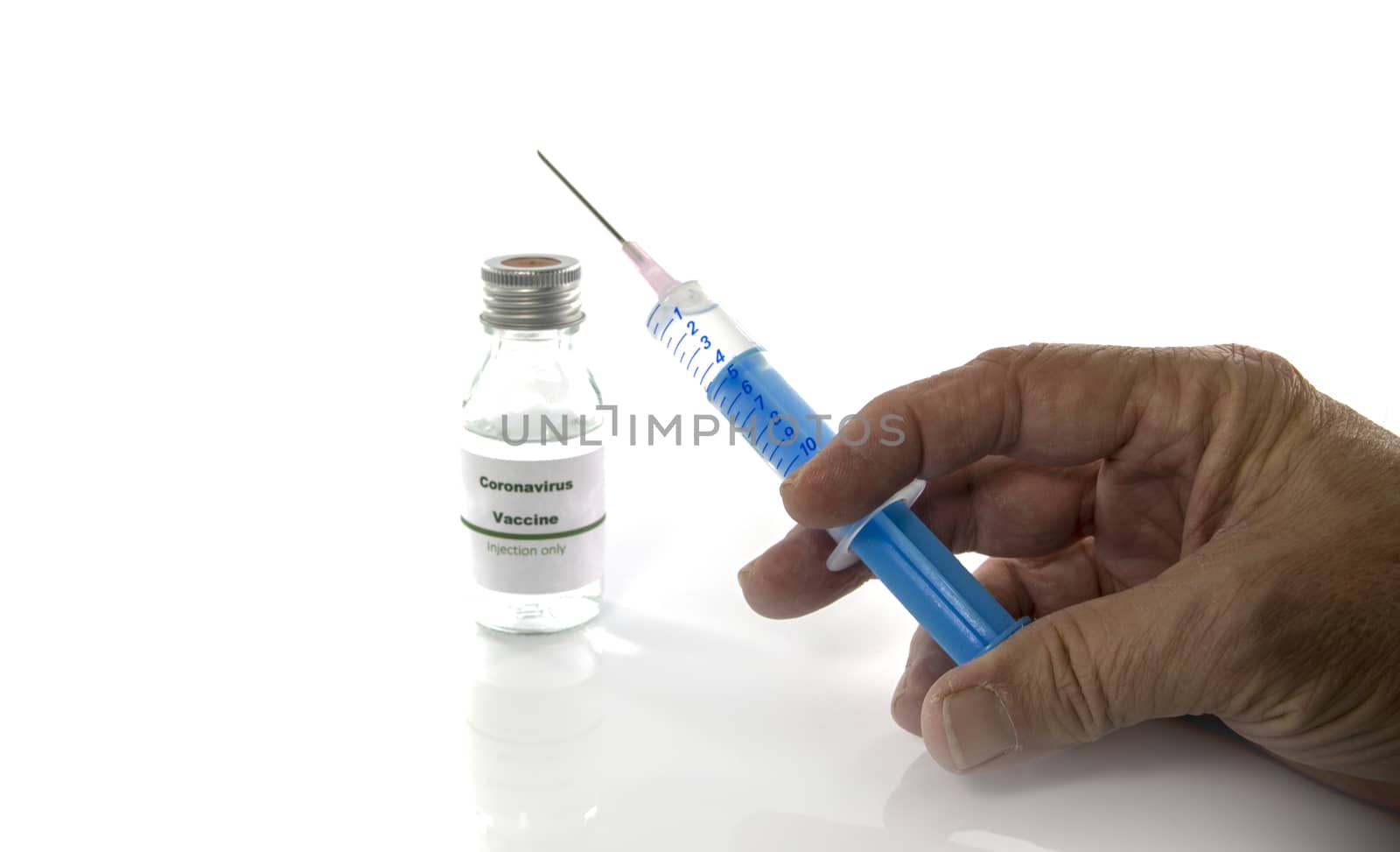 Coronavirus vaccine vial male hand holding injection syringe isolated on white background