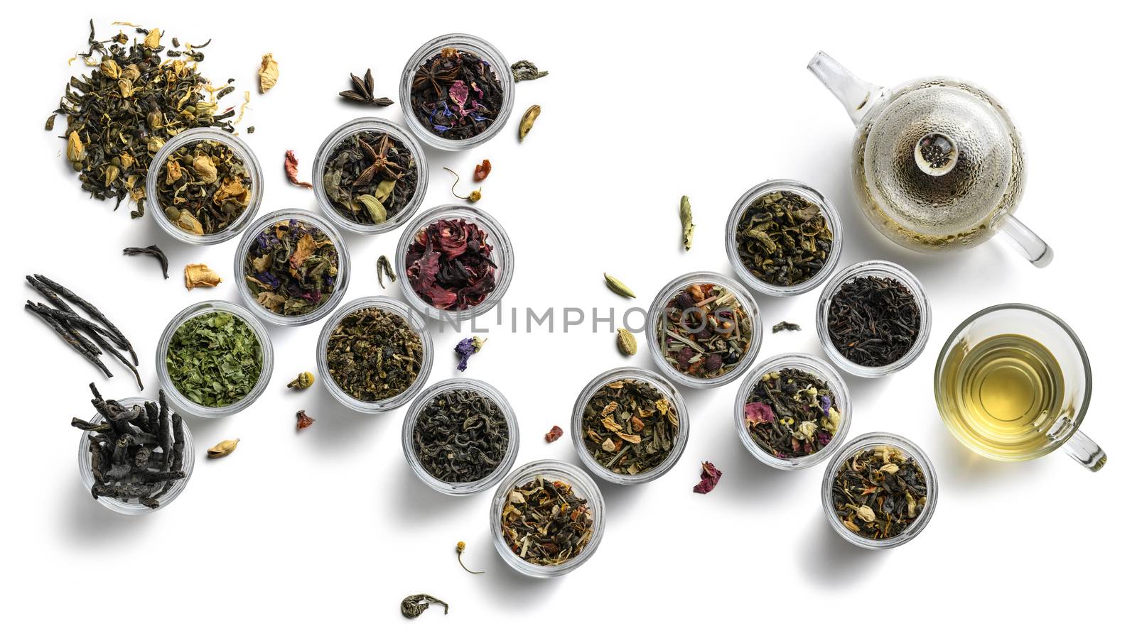 Large assortment of tea on a white background. The view from the top.