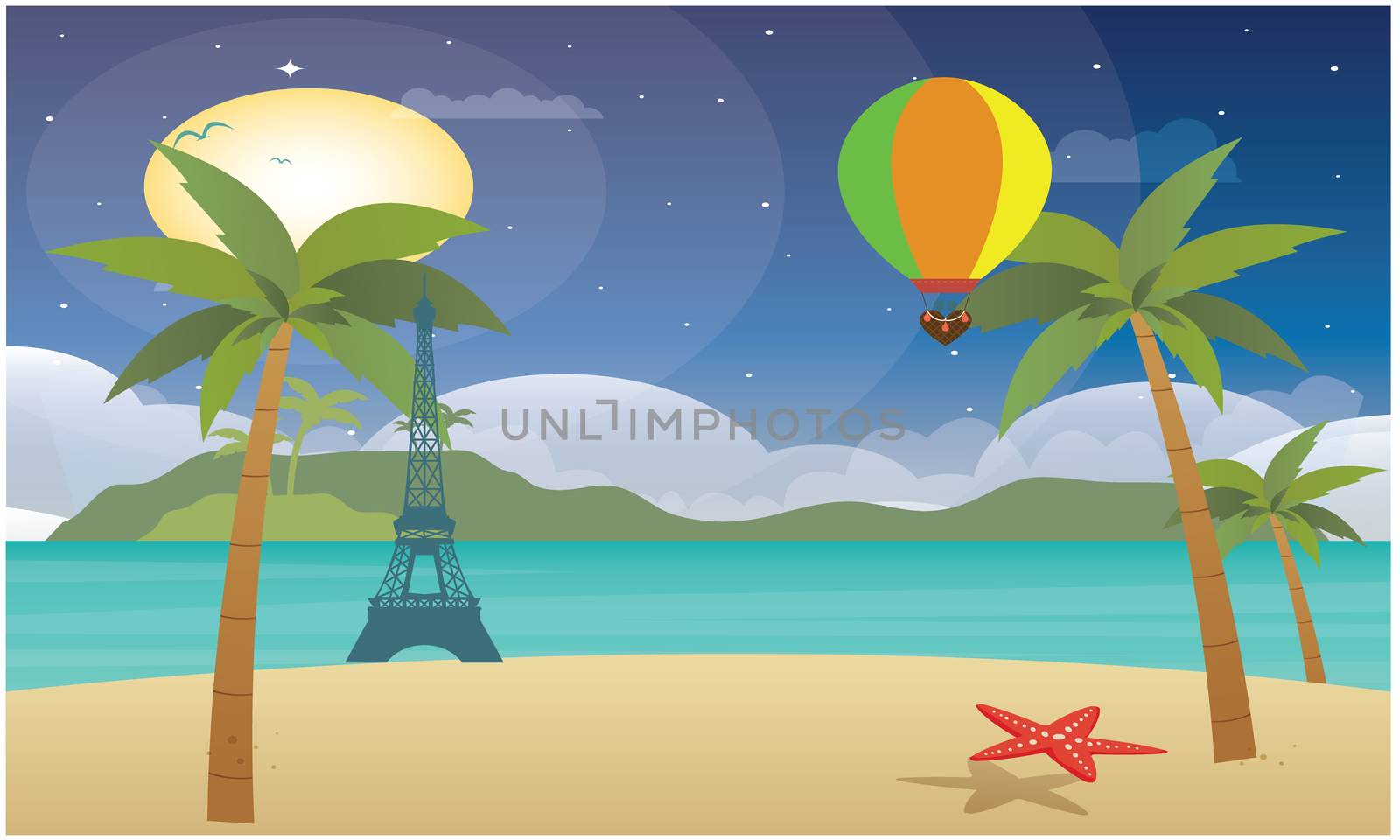 hot air balloon flying above beach level sun