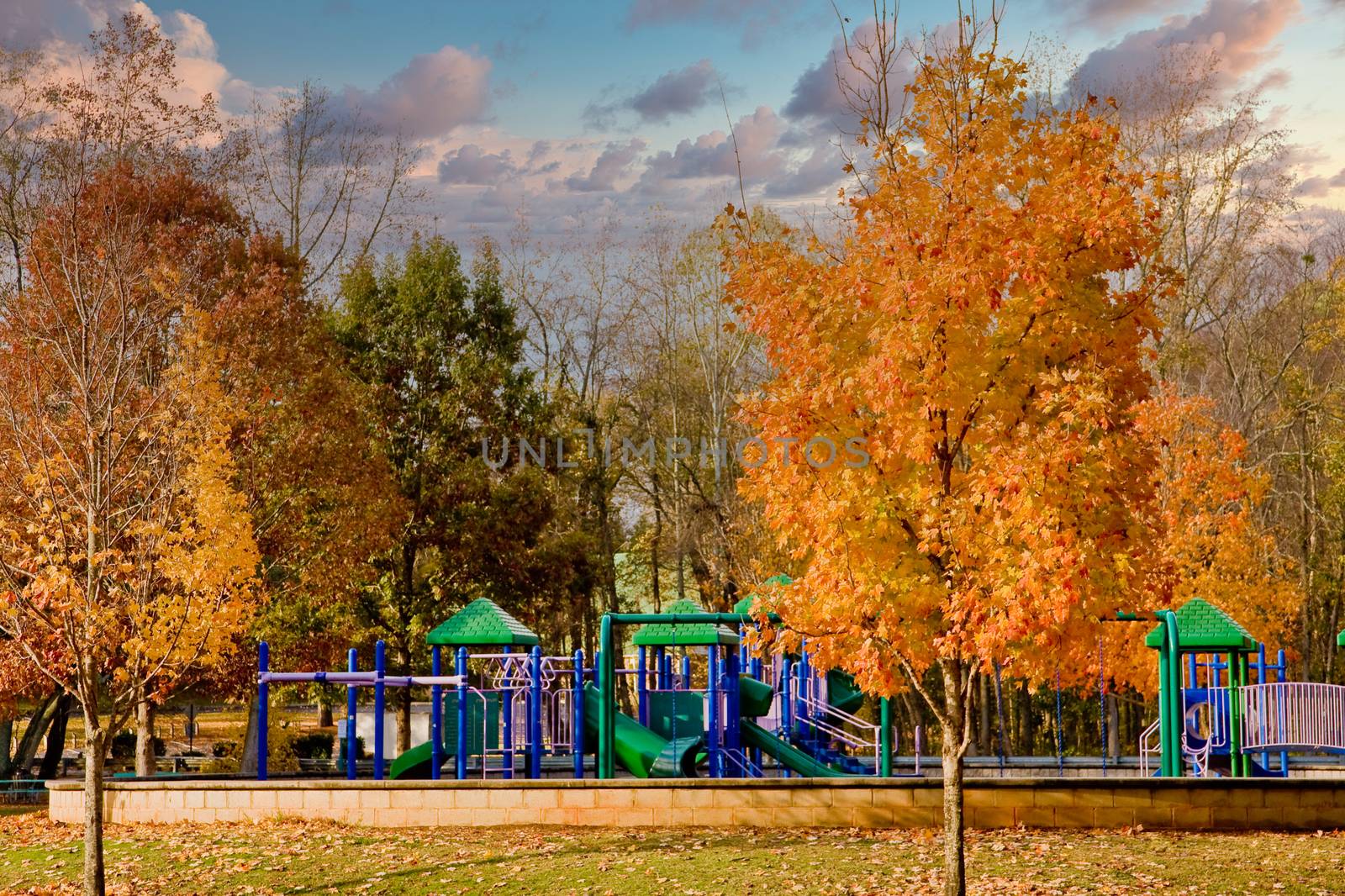 A colorful playground in a park in autumn