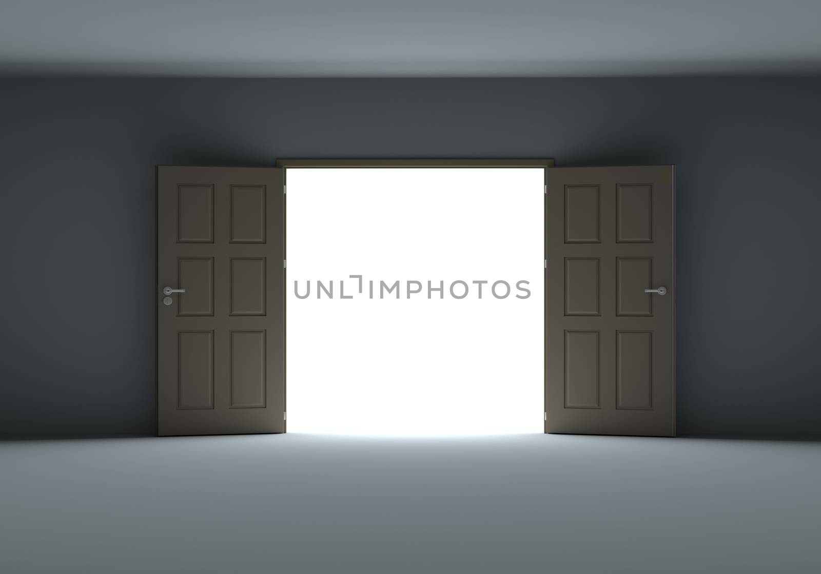 Doors opening to show bright light in the darkness. 3d illustration