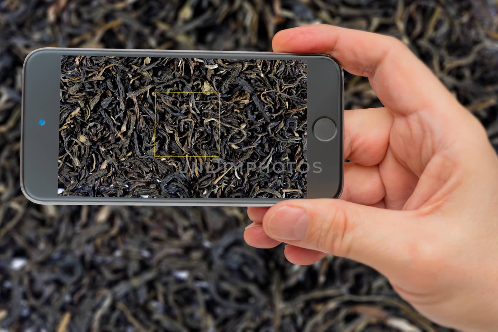 Black tea for making a refreshing drink. Textures of black tea. Black tea on the smartphone screen.