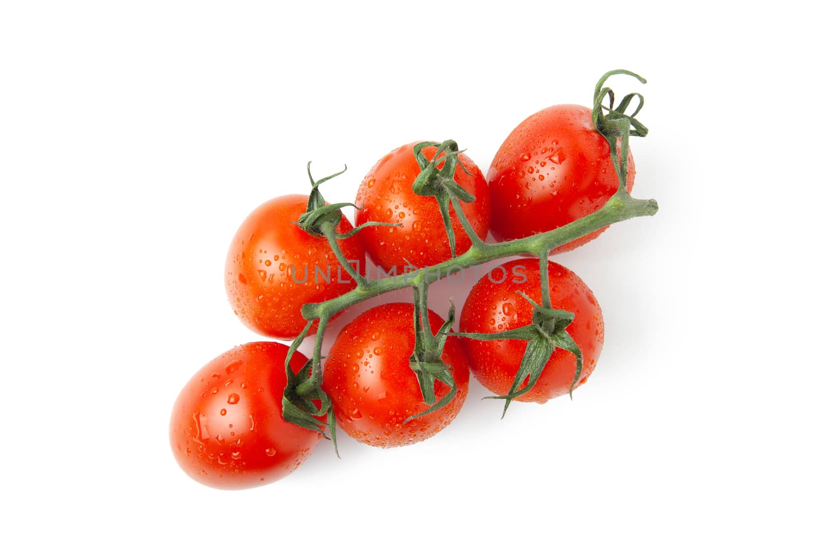 Fresh cherry red tomatoes on sprig with small shadow isolated on white background. Macro, flat lay. Horizontal, close-up. Healthy eating product.